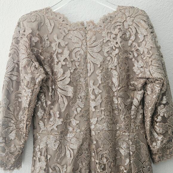Tadashi Shoji Embroidered Sequin Lace Sand Beige Cocktail Dress Size 12 - Picture 9 of 13